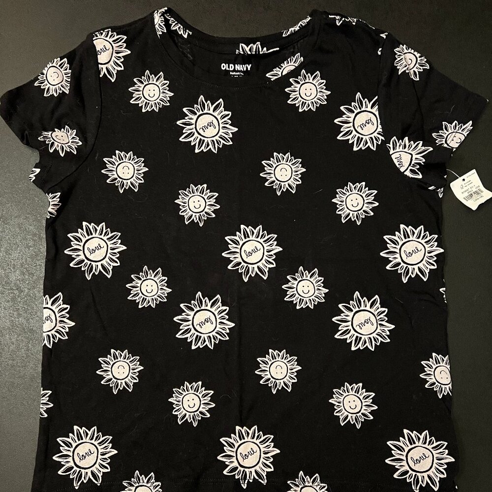 Old Navy, kids softest tee, black with white suns, L 10/12, NWT